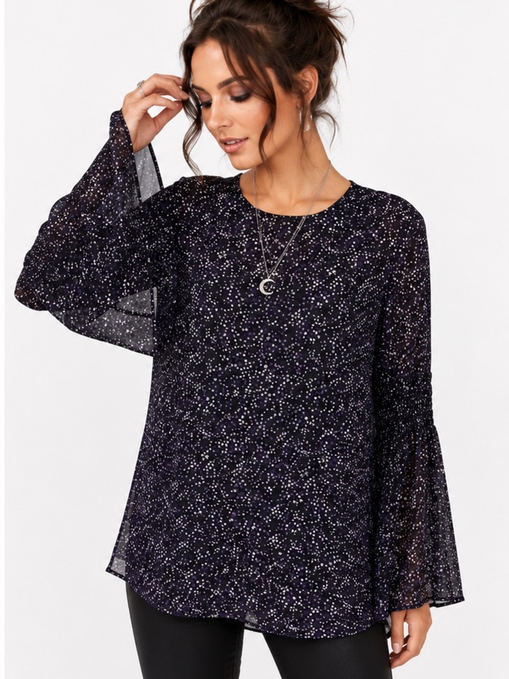 MICHAEL Michael Kors Purple Boho Celestial Stars Print Bell Sleeve Tunic Top M